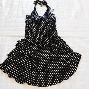 50's Style Polka Dot Ruched Halter Layered Ruffle Pin-Up Dress Vintage Y2K 1990s